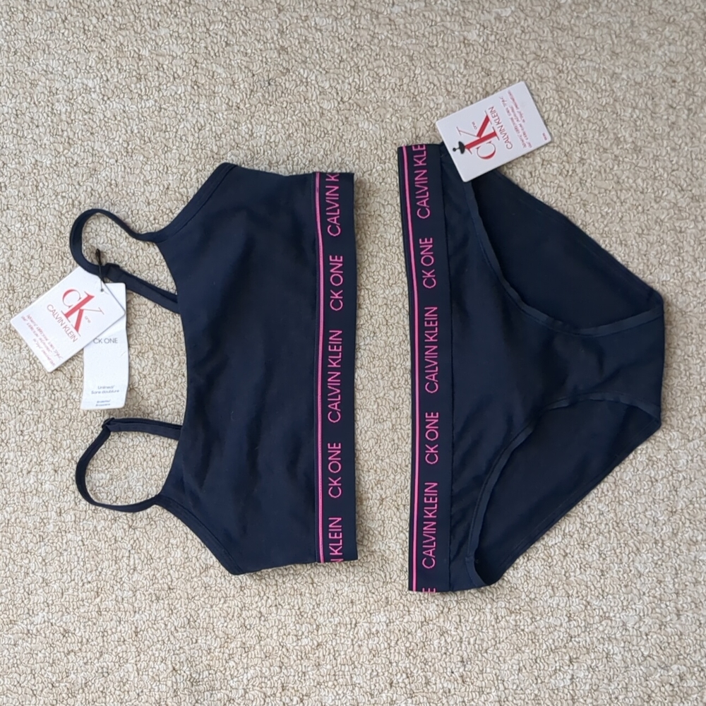 Calvin Klein bralette and underwear set, blue and pink, size small